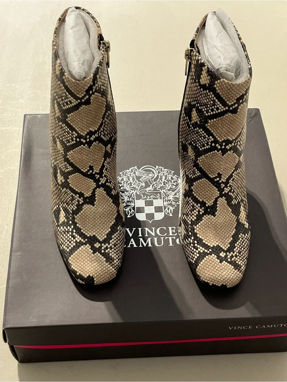 Vince Camuto Snake-Print Ankle Booties in Beige and Black